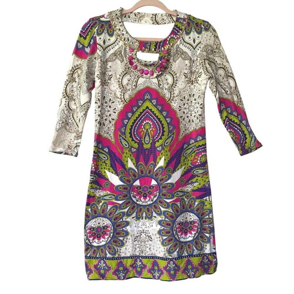 Joyous & Free Womens Boho Paisley Beaded Cutout Back Shift Dress Pink Green S‎